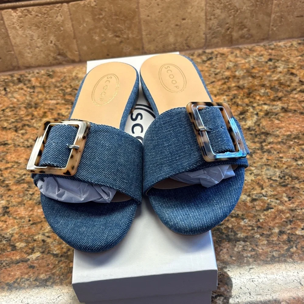 Scoop Blue Denim Slide Sandals with Buckle 6 - Picture 1 of 5